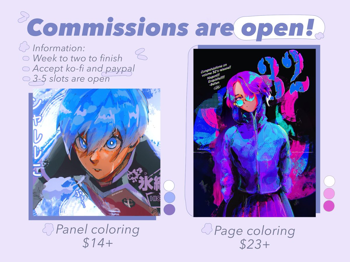 [Updated] My comms are open :D dm me for more info, or you can directly commission me through my kofi and see more examples of my colorings
