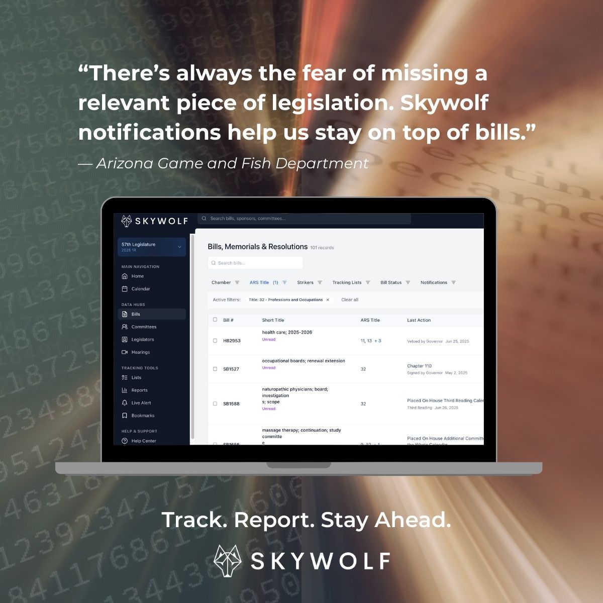 SkywolfAI's tweet photo. The #AzLegislature doesn’t start until January, but the most successful sessions start with preparation now. The pace is relentless once bills drop -- Skywolf helps you get ahead of the game so you can spot, track and act on the ones that matter most.
 🔗 Book a Demo: https://t.co/3SV9pTc1TX