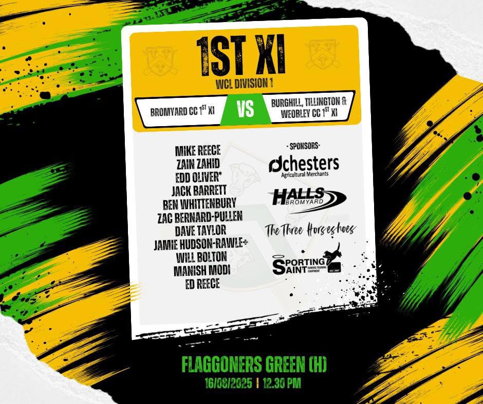 Tomorrow the 1st XI host Burghill, Tillington &amp; Weobley at Flaggoners Green in WCL Division 1. 

In 7 previous league meetings Bromyard have 1 win, B, T &amp; W have 4 wins, 1 match was drawn and 1 match (in 2019) was tied. 

#statattack
#uptheBrom