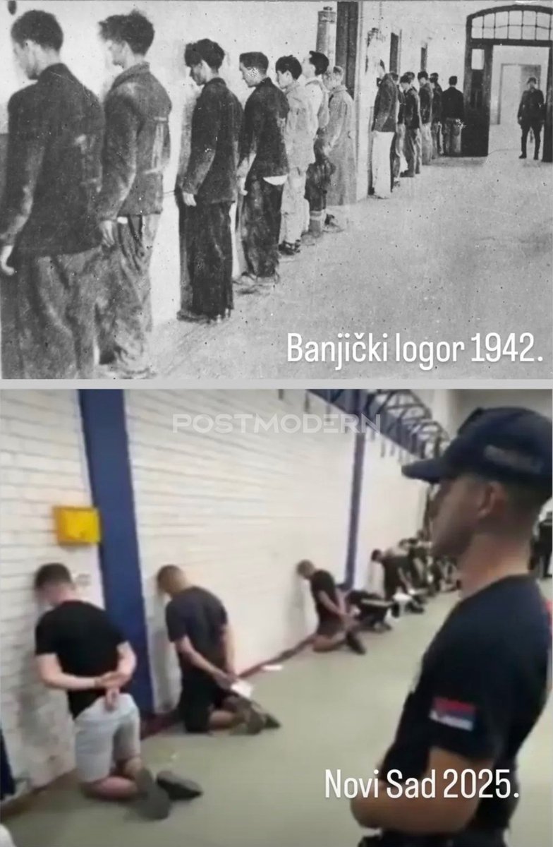 21:37 | Sırbistan’da iktidar karşıtı eylemler artarken, medyada bu fotoğraf hızla yayılıyor. Sebebi ne biliyor musunuz? Polisin orantısız güç kullanımı. 

Maruz kaldıkları gözaltıların hukuksuzluğunu ve şiddetini anlatmak için II. Dünya Savaşı sırasında Nazi işgali altında olan