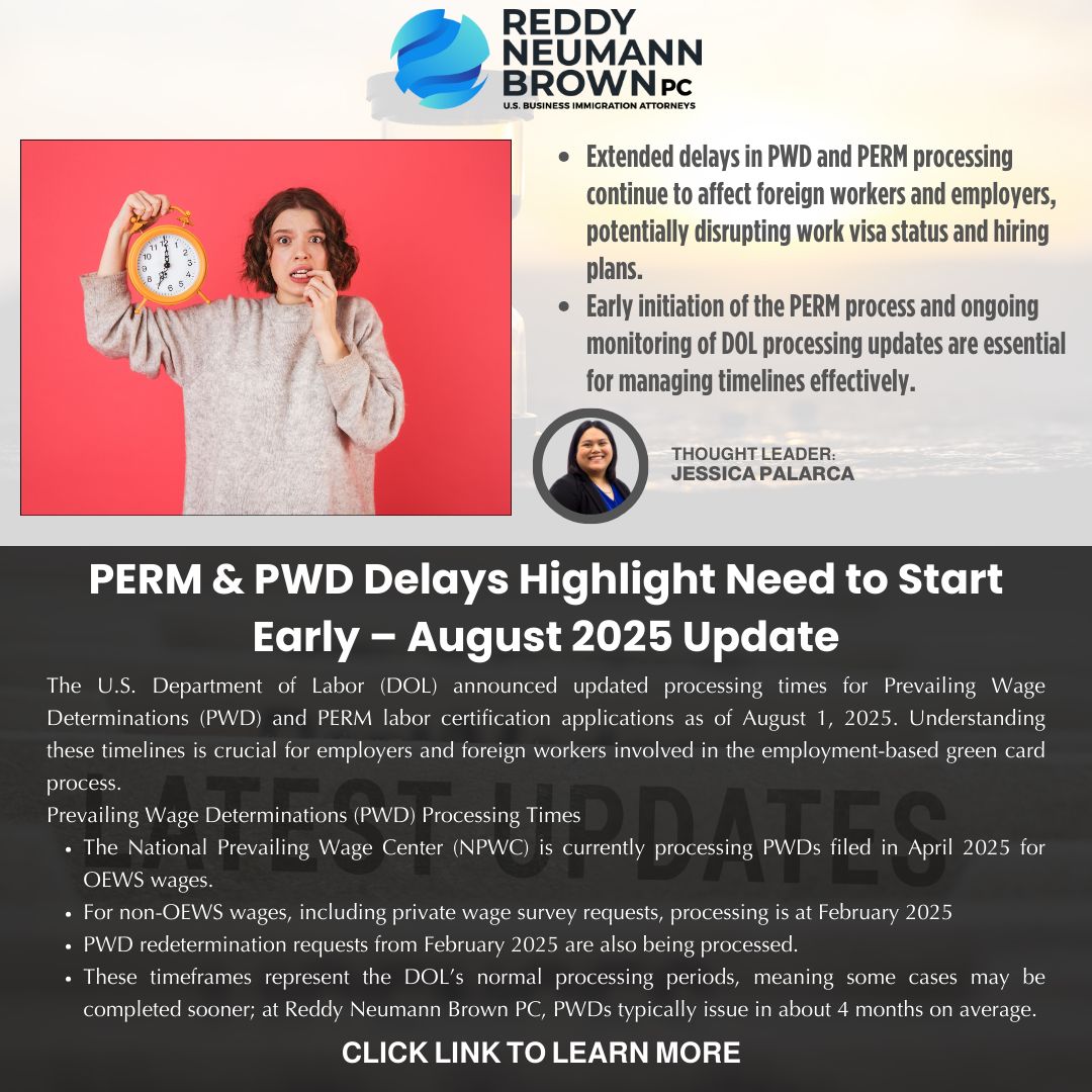 📢 PERM Taking 16+ Months — PWD at 4+ Months 📢
With DOL processing crawling, starting your green card case late could mean missed deadlines, status gaps, or lost talent. If you’re thinking PERM in 2025, check out todays article with Jessica Palarca, the clock is already ticking.