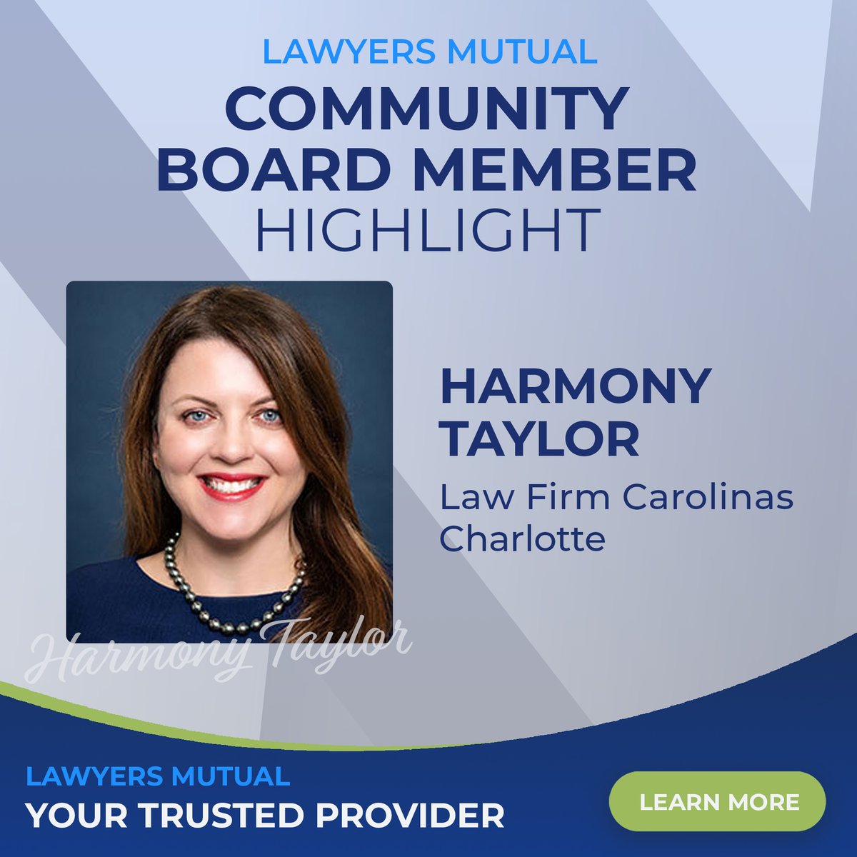 LM Community Board Spotlight: Harmony Taylor. Harmony, a partner at Law Firm Carolinas in Charlotte represents community associations in both litigated and non-litigated matters. 

Learn more about our Community Boards:  lawyersmutualnc.com/our-company/ou…