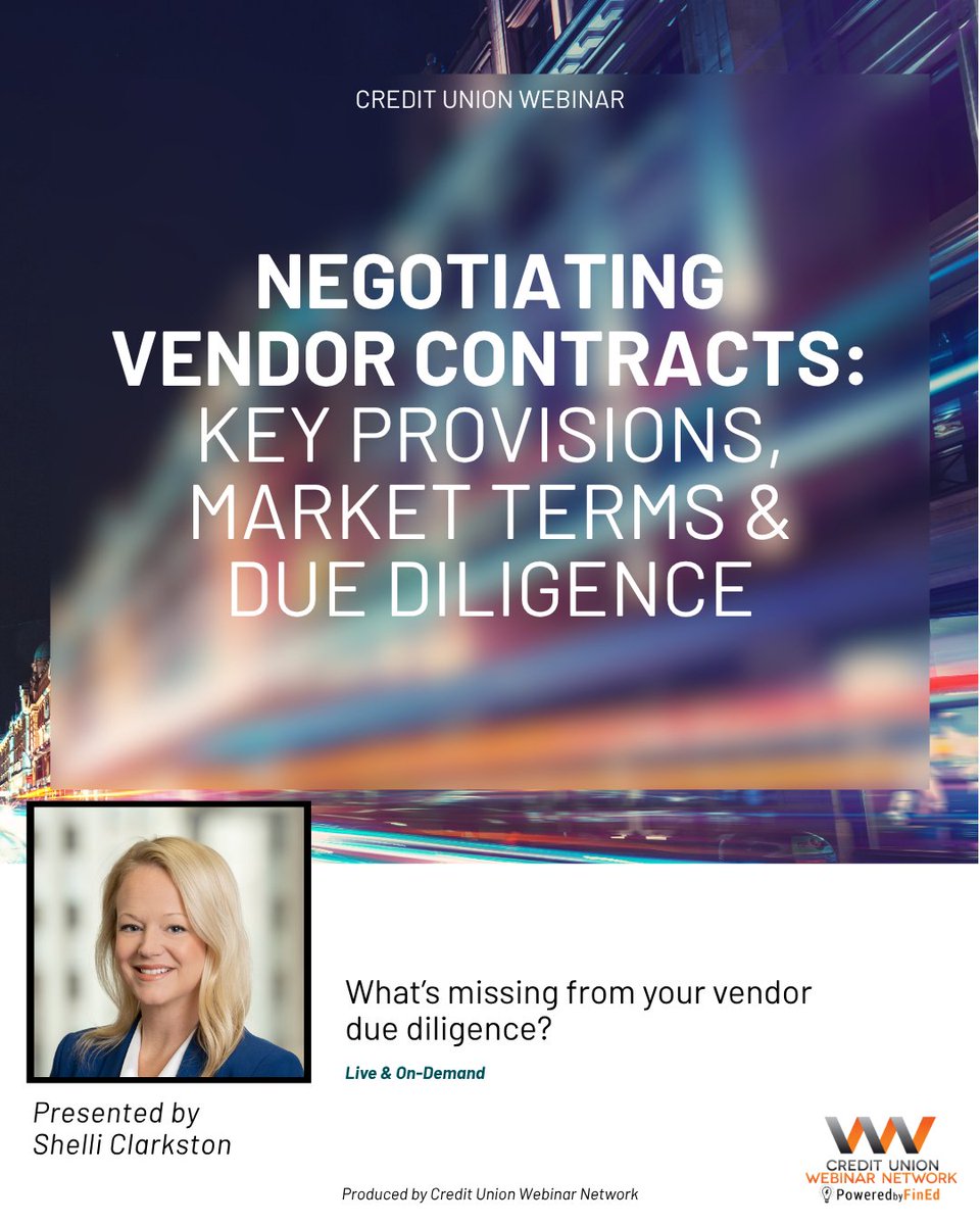 Vendor contracts are your first defense. Learn key provisions, negotiation tips, and risk controls from a legal expert in this essential webinar.

Register: fin-ed.info/45az4V3

#VendorContracts #ContractNegotiation #RiskManagement #Compliance