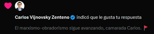 MemoRasquel's tweet image. Así se debe de sentir cuando la presidenta y comandanta suprema @Claudiashein te da la mano cuando va pasando en su camioneta por la carretera de tu pueblo.😍❤️❤️
Uno de los mayores  ideólogos de la 4T, @CarlosVZenteno, apoya el marxismo-obradorismo. 🚩