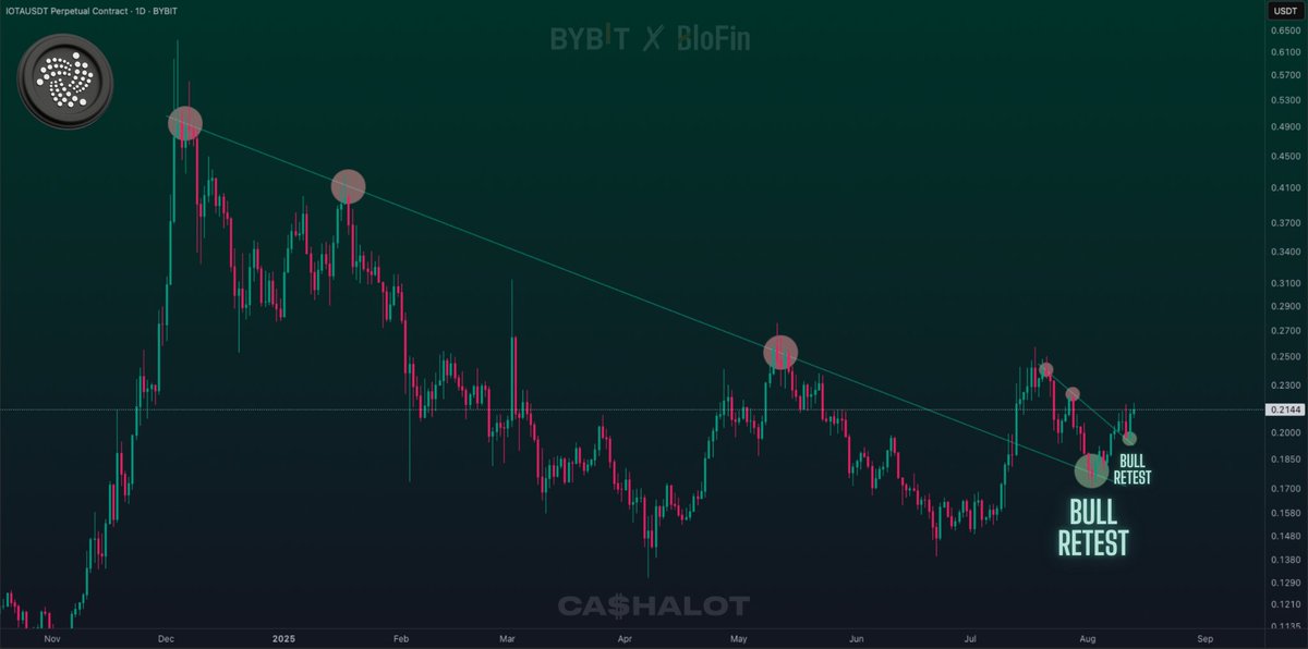 BTCBlueWhale's tweet photo. ⬆️ #IOTA | 1D

Another chart showing perfect price action on the Daily timeframe. 👌

🚀 After a massive rally at the end of 2024, $IOTA entered another prolonged correction phase, which ended with a breakout and R/S flip in July. 

✅ A successful retest, combined with the falling BTC.D, promises a continuation of this uptrend with attractive profit potential. 📈💰

If you’ve been looking for something to buy on spot ��� here it is! 🐋 #altseason