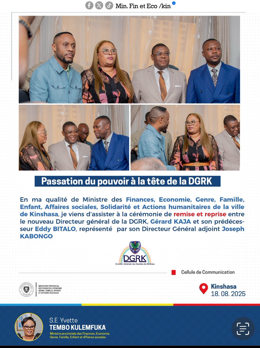 En ma qualité de Ministre des Finances et Economie de la ville de Kinshasa, je viens d'assister à la cérémonie de remise et reprise entre le nouveau Directeur général de la #DGRK, Gérard KAJA et son prédécesseur Eddy BITALO, représenté par son DGa Joseph
KABONGO.
#kinshasa
