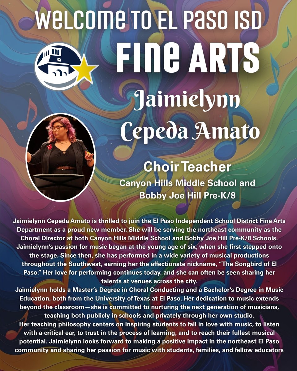 EPISD_FineArts's tweet photo. Welcome Jaimielynn Cepeda Amato, to El Paso ISD Fine Arts! We are thrilled to have you on our team!
@ELPASO_ISD @EPISD_FineArts https://t.co/QkTILtHBXM
