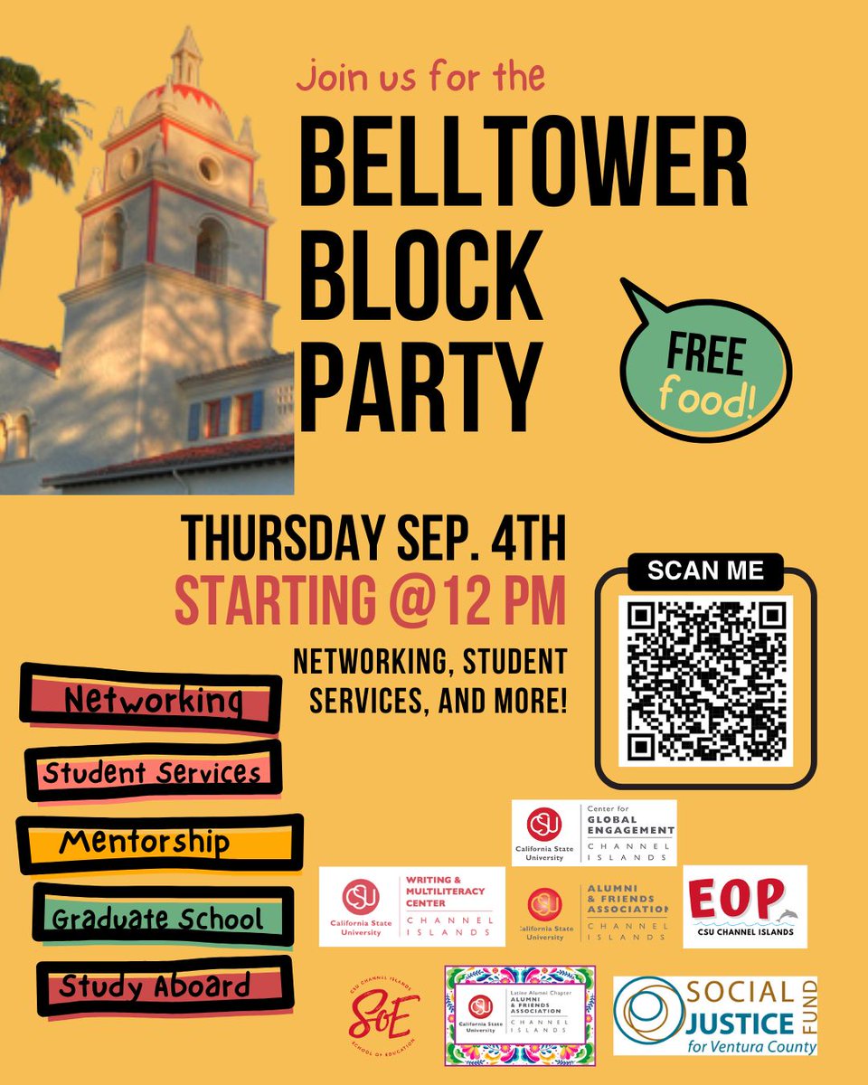 🎉Join us for the Belltower Block Party!
📅 Thursday, Sept 4th
⏰ Starting at 12 PM
📍 CSU Channel Islands, Bell Tower

✅ Networking
✅ Student Services
✅ Mentorship
✅ Grad School info
✅ Study Abroad
🍴 Free food!
Scan the QR code for more info 🔗
#CSUCI #BelltowerBlockParty