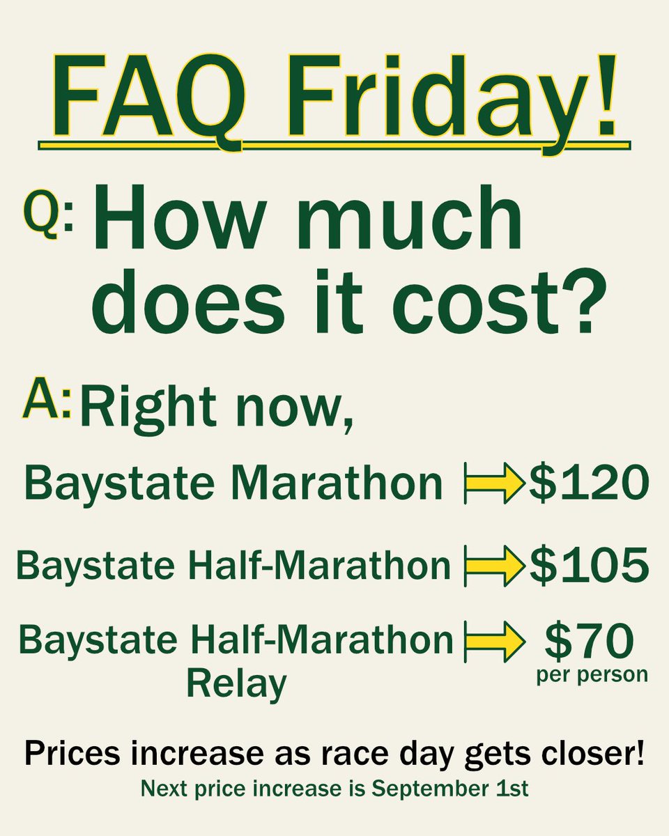RunBaystate's tweet image. FAQ Friday! How much does it cost to register for #baystatemarathon or #baystatehalfmarathon or the half-marathon relay? Check out the pic for prices. Prices will increase as race day gets closer so take advantage of lower prices! Link in bio to register #marathon #halfmarathon