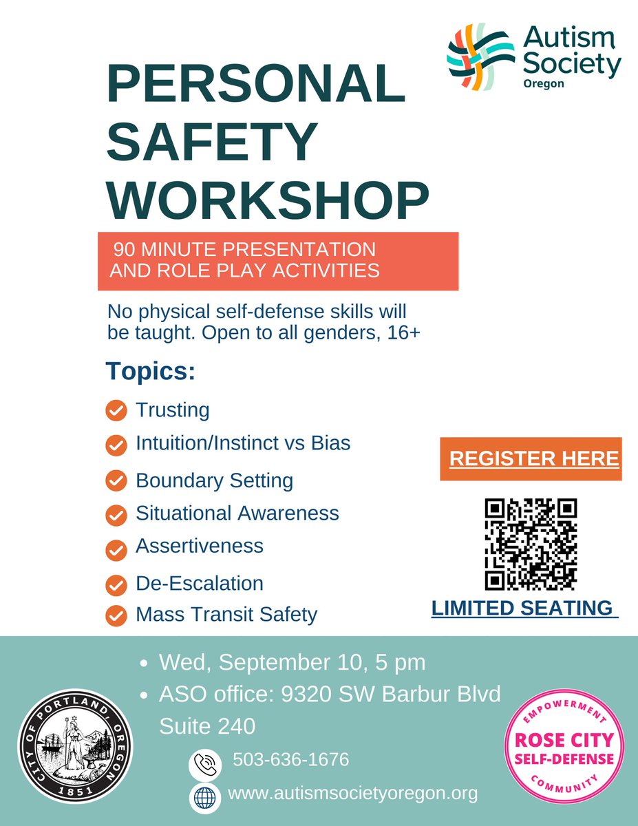 Autism Society OR (@autismsocietyor) on Twitter photo Presented by The Autism Society of Oregon & The City of Portland
Personal Safety Workshop
Wed, September 10th, 5 PM
At the ASO office in SW Portland
Free, must register to attend
Register: charity.pledgeit.org/PersonalSafety…
Ages 16+
Questions? LoriB@AutismSocietyOregon.org or 503-636-1676 Presented by The Autism Society of Oregon & The City of Portland
Personal Safety Workshop
Wed, September 10th, 5 PM
At the ASO office in SW Portland
Free, must register to attend
Register: charity.pledgeit.org/PersonalSafety…
Ages 16+
Questions? LoriB@AutismSocietyOregon.org or 503-636-1676
