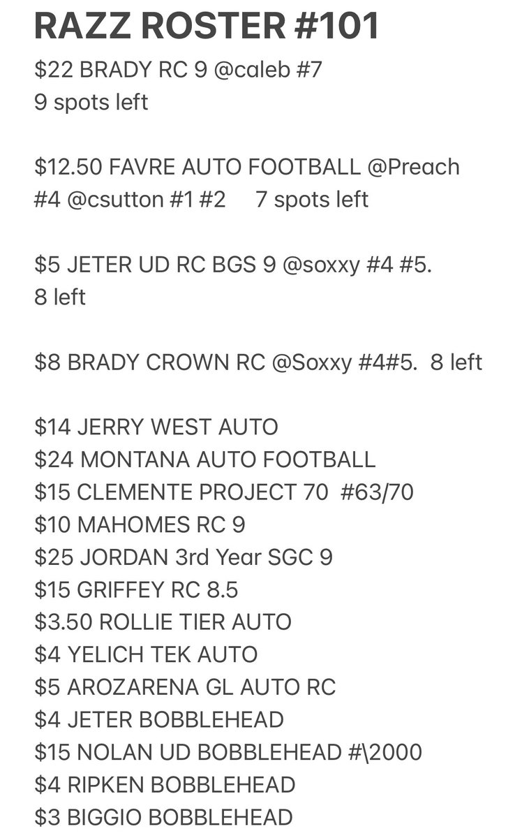 5K_Collectibles's tweet photo. PAYDAY FRIDAY LETS RAZZ!
join 5K Family

10 spots
Promo giveaways Dominguez #d RC
BIG HURT Auto Jersey &amp; much more

SPOTS in FAVRE MONTANA autos BRADY MOHOMES GRIFFEY JETER RCs RIPKEN JORDAN RYAN &amp; more

DM if interested

RT🙏 &amp; tag
ROSTER/PRICES👇
@FastBreakCards @CardPurchaser https://t.co/ZkAoiN0nSl