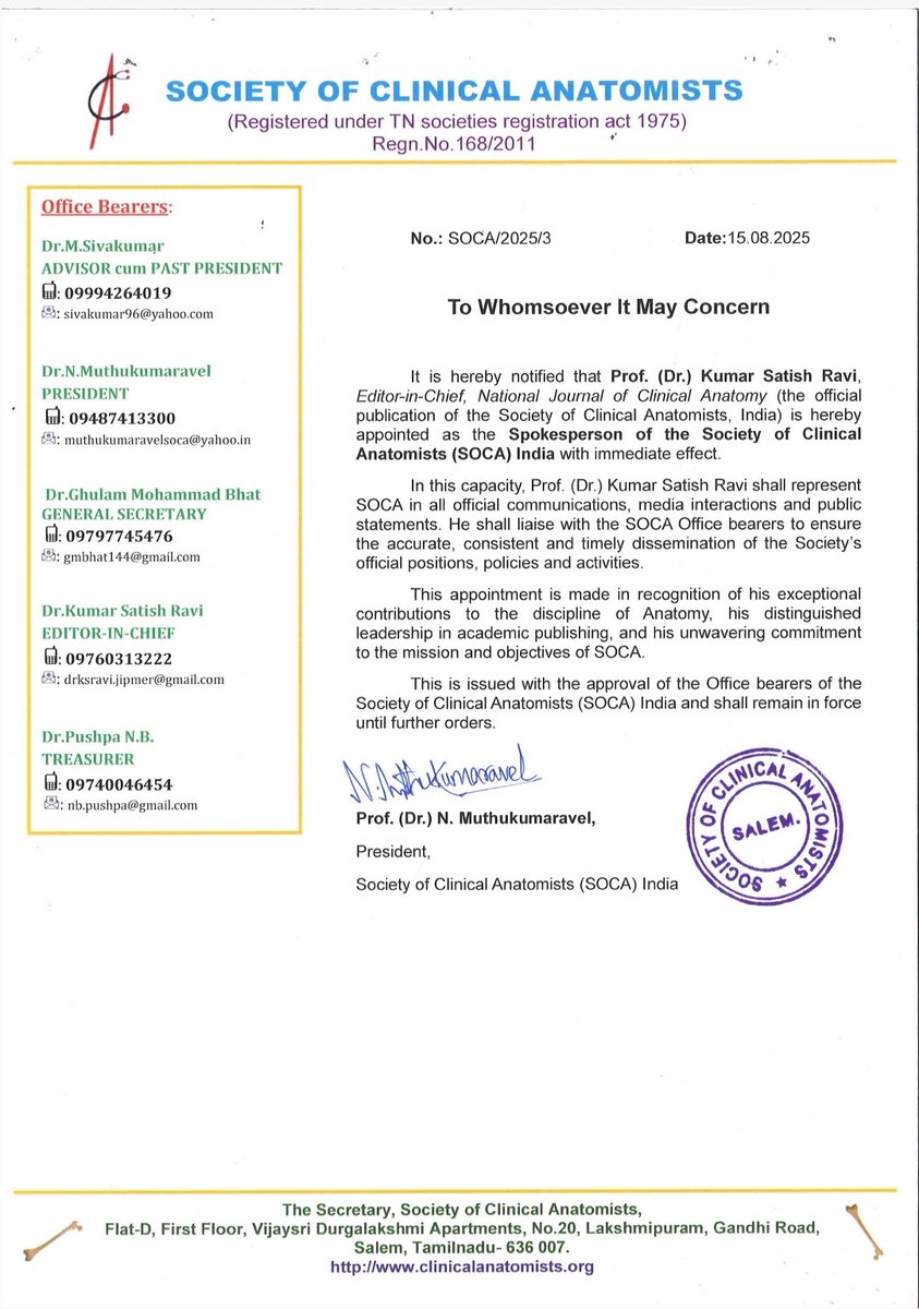 Humbled and deeply grateful to be entrusted with the role of Spokesperson for the Society of Clinical Anatomists (SOCA),India. 

I see this as both an honor and a responsibility—to represent, connect, and amplify the voice of our incredible anatomical community. Committed to