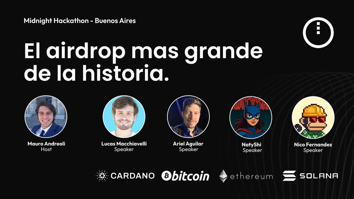 Mauro Andreoli || Cardano Ambassador (@mauroandreolia) on Twitter photo The largest airdrop in history. 🕛⚫️
In commemoration of Midnight’s airdrop, at the Buenos Aires Hackathon we will be hosting a panel discussion with participants from the Bitcoin, Ethereum, and Solana ecosystems.
Of course, Lucas and I will be representing <a href="/Cardano/">Cardano Community</a> 🔵 The largest airdrop in history. 🕛⚫️
In commemoration of Midnight’s airdrop, at the Buenos Aires Hackathon we will be hosting a panel discussion with participants from the Bitcoin, Ethereum, and Solana ecosystems.
Of course, Lucas and I will be representing <a href="/Cardano/">Cardano Community</a> 🔵