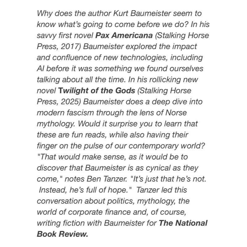 BenTanzer's tweet photo. In which the Kurt Baumeister and I talk Twilight of the Gods at The National Book Review—and many thanks to the Elizabeth Taylor for that.

https://t.co/N9IPUyHKi0

@KurtBaumeister 
@TheNationalBook 
@etayloretayor 

#twilightofthegods
#thenationalbookreview https://t.co/wWu34bpkcV
