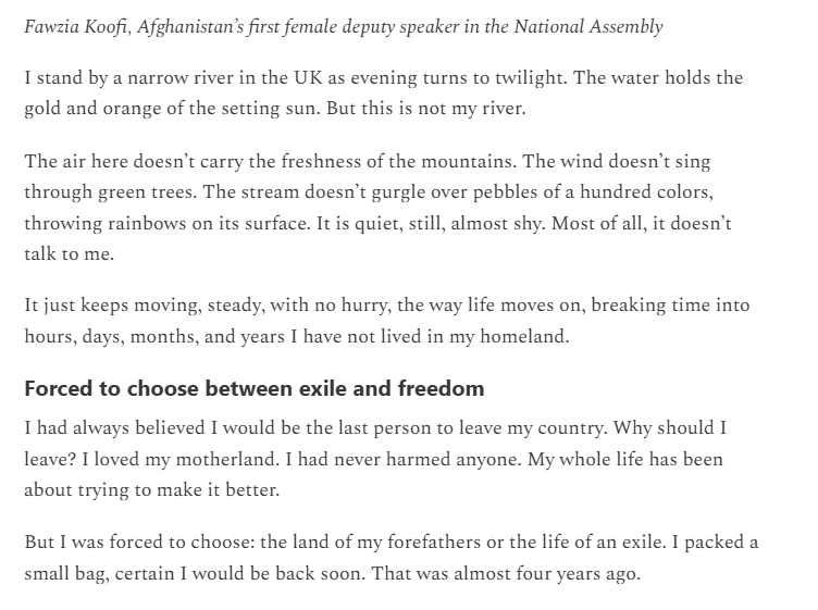 The opening of our piece from Fawzia Koofi, who was first elected to Afghanistan’s National Assembly in 2005 and became its first female Deputy Speaker. She is a human rights advocate and a former peace negotiator with the Taliban. 

2/2