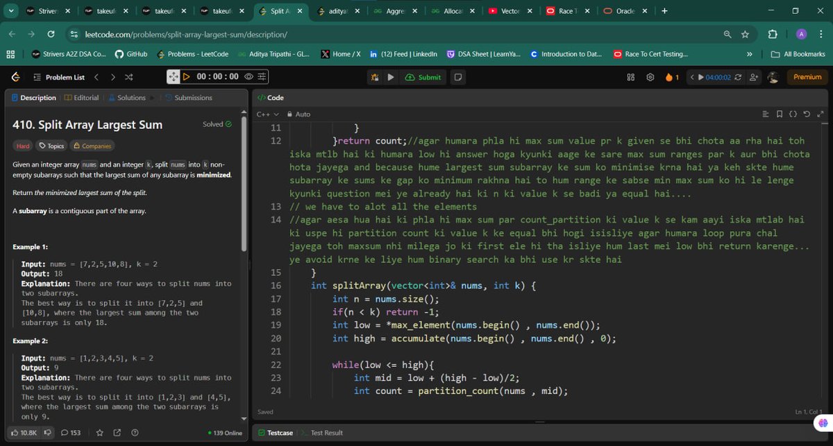 adityacs22's tweet photo. Day 14 of my #100DaysOfCode challenge!🚀
✅Problem no. --> 410 ,342 #LeetCode
✅1 medium BS problems on #gfg24
✅Module 3 (ML foundations) #AI #ML
✅Arrays +25 syntax questions #JS
✅Notes+ Git commits #github
#buildinginpublic #LearnInPublic #LearningJourney https://t.co/ndiBzUDzJU