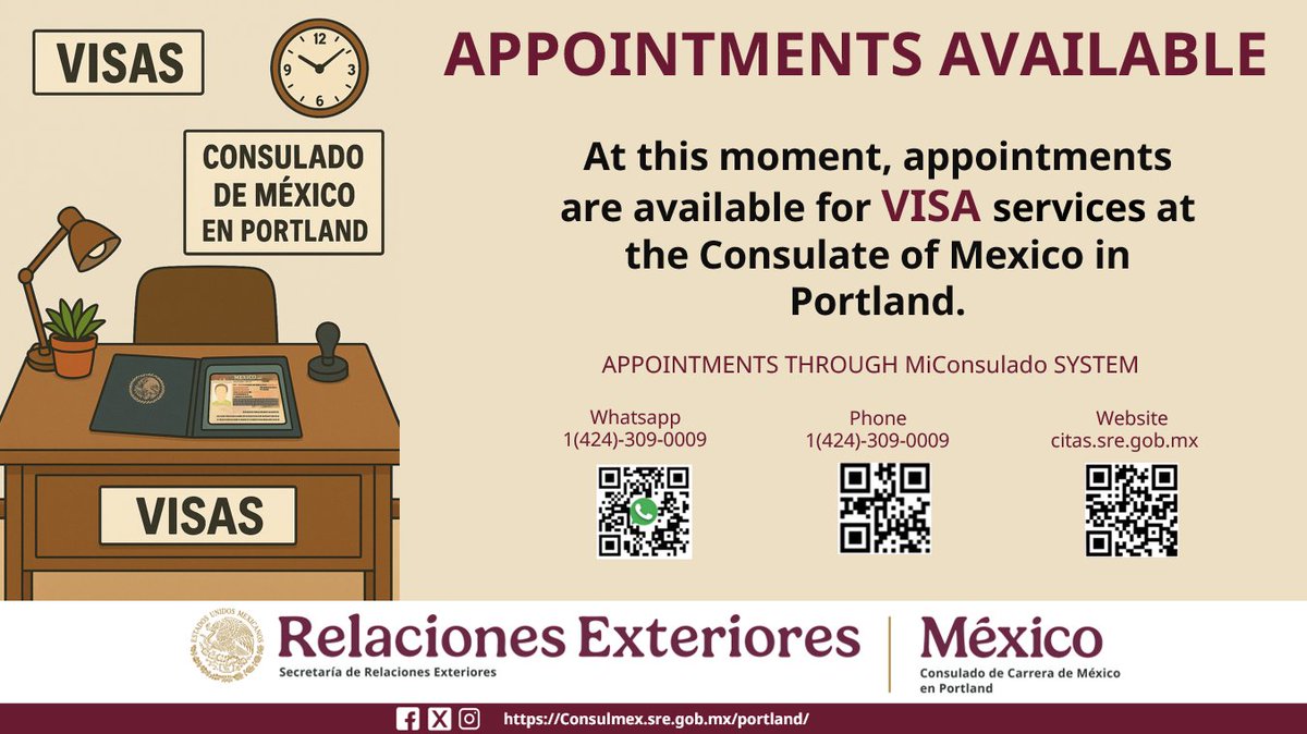 📢 APPOINTMENTS AVAILABLE! We currently have VISA appointments available at the Consulate of Mexico in Portland. 📲 Book through the MiConsulado system at no cost: 🟢WhatsApp: 1 (424) 309-0009 📞 Phone: 1 (424) 309-0009 💻 Website: citas.sre.gob.mx