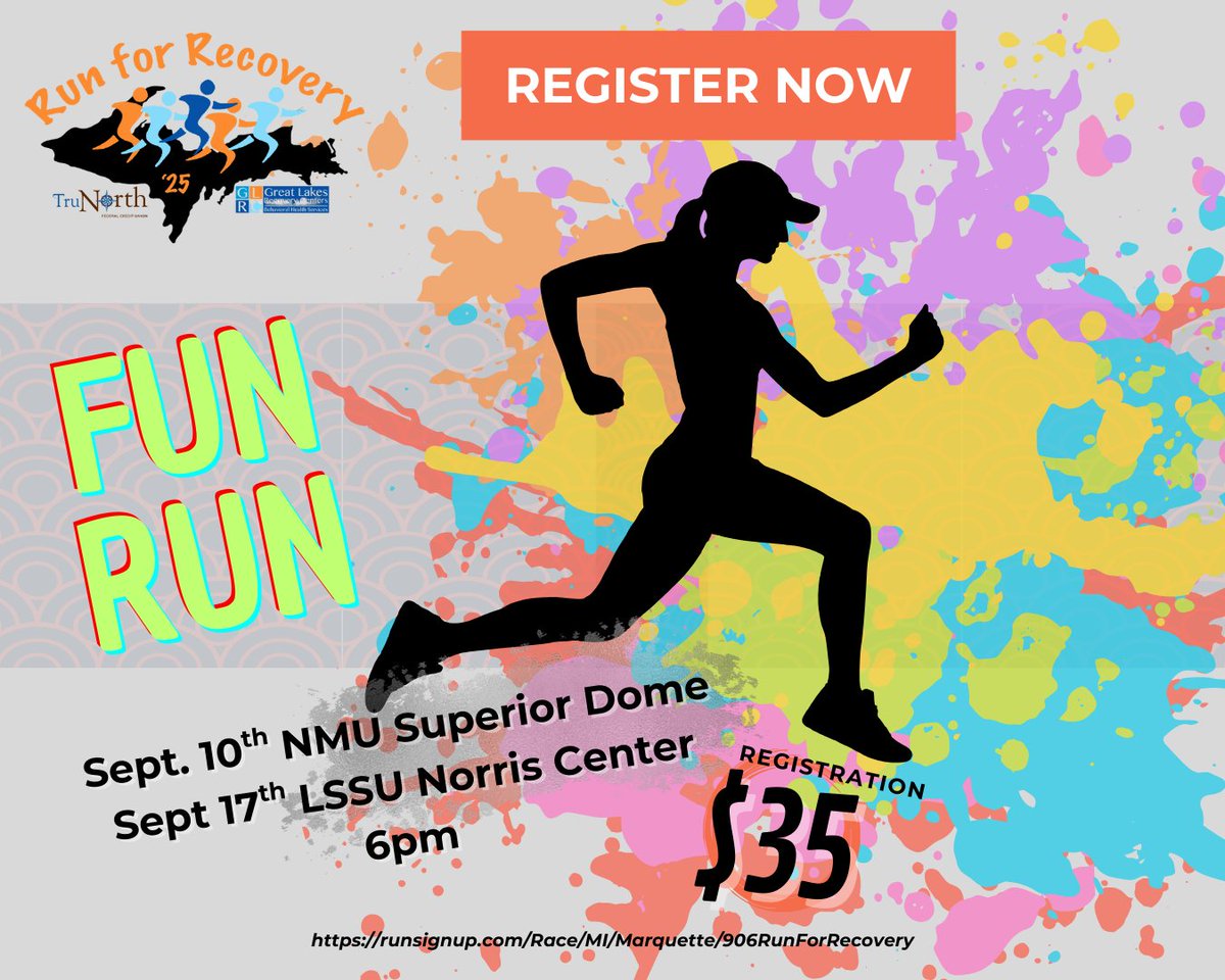 Ready for some fun in a Run? Join the 18th Annual Great Lakes Recovery Center's Run for Recovery on Sept 10 in Marquette &amp; 17 in Sault Ste. Marie! Register for just $35 and receive awesome swag while supporting a worthy cause. 

runsignup.com/Race/MI/Marque…