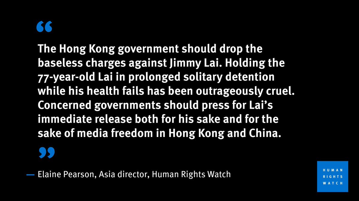 PearsonElaine's tweet photo. Holding a 77-year-old man in prolonged solitary confinement while his health fails is outrageously cruel. Hong Kong should drop these baseless charges against Jimmy Lai now. #FreeJimmyLai @SupportJimmyLai https://t.co/QHR9snjYXu
