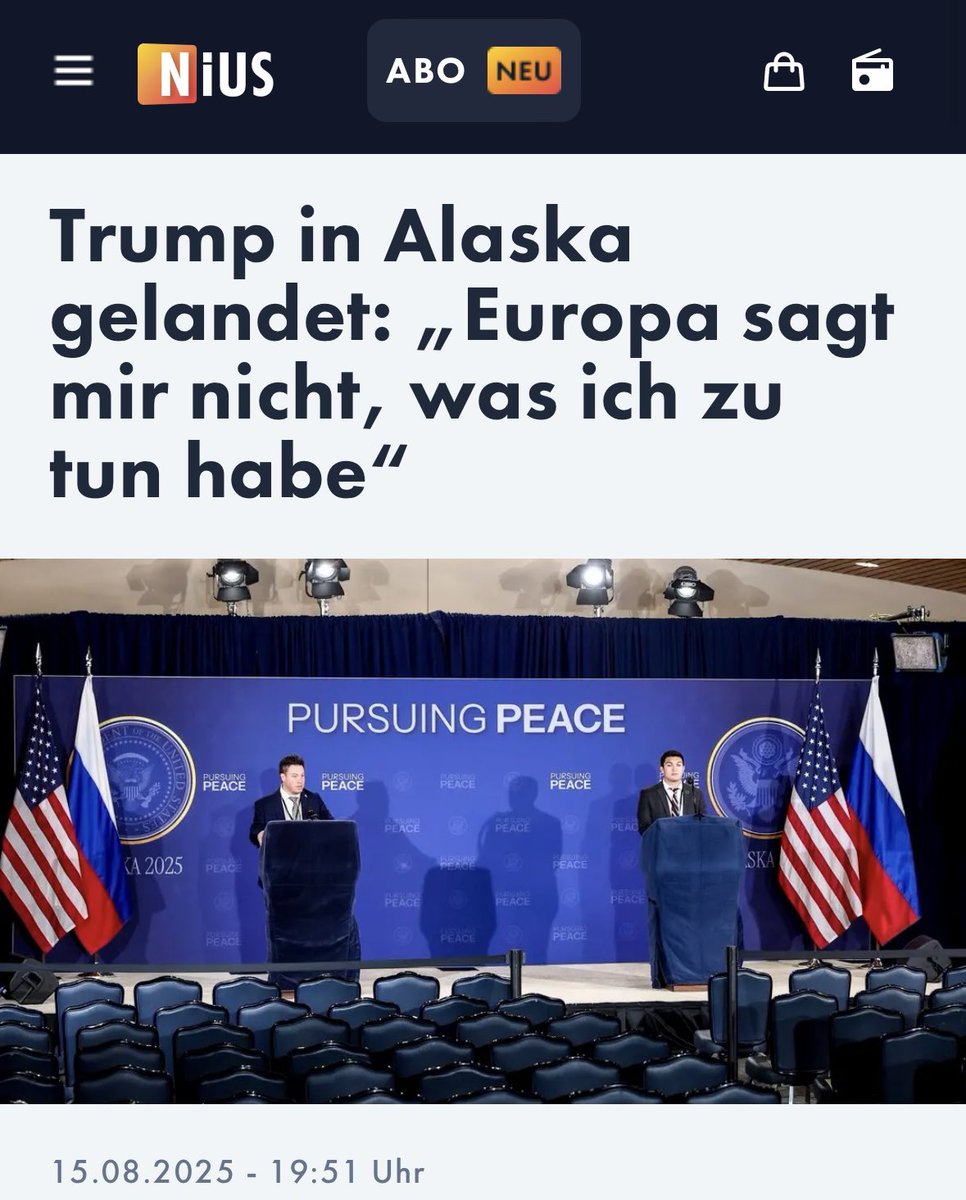 Ein Satz von Trump und das über Tage liebevoll aufgebaute Märchen vom einflussreichen Bundeskanzler Merz, der „Druck aufbaut“ zerplatzt wie eine Seifenblase.

Schade.

nius.de/live-tickers/p…