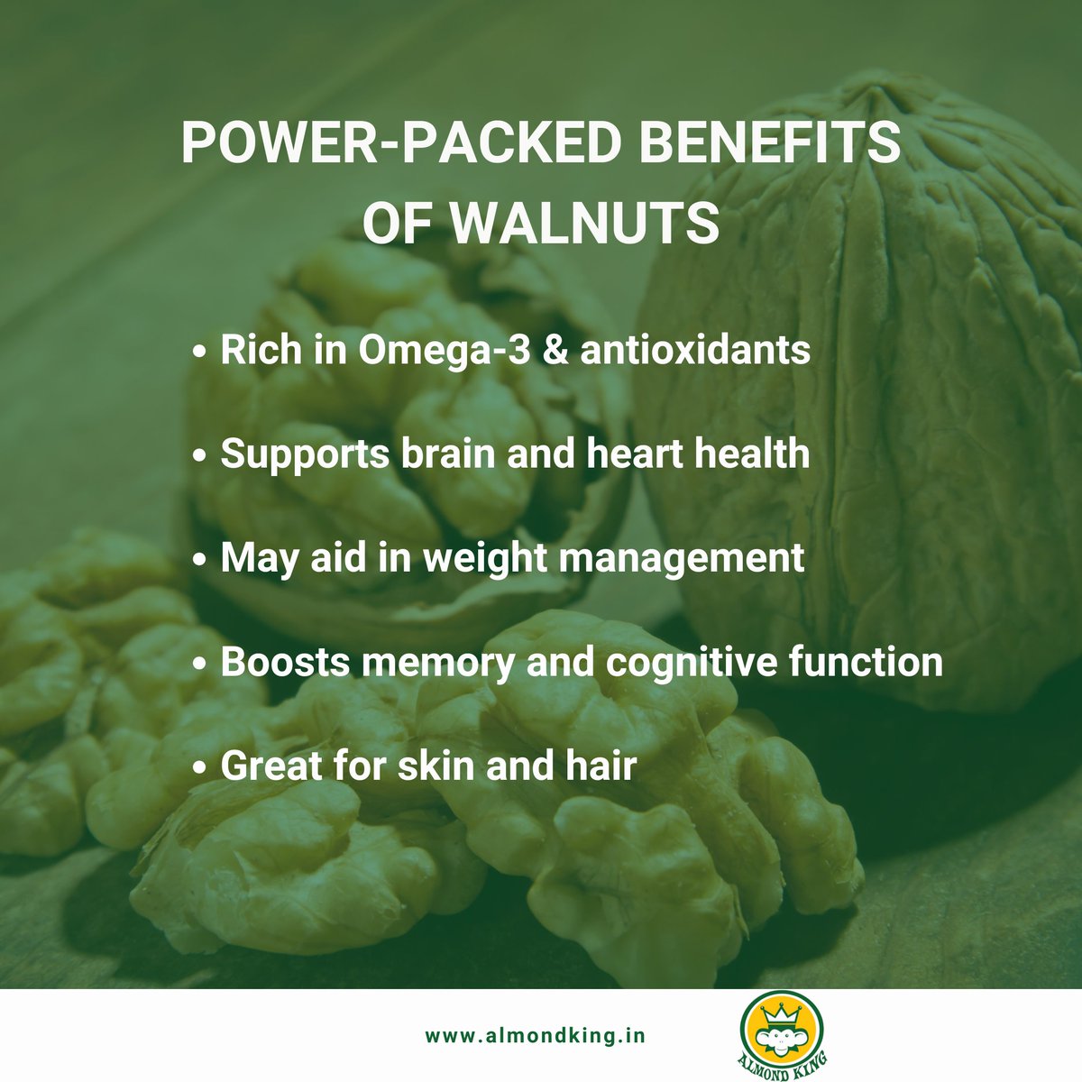 almondking_'s tweet image. Packed with omega-3s, antioxidants, and essential nutrients - walnuts are a powerhouse for brain health, heart wellness, and overall vitality. 
Learn More: almondking.in/shop/walnuts/ 

#WalnutBenefits #Superfoods #HealthyEating 
#BrainFood #HeartHealth