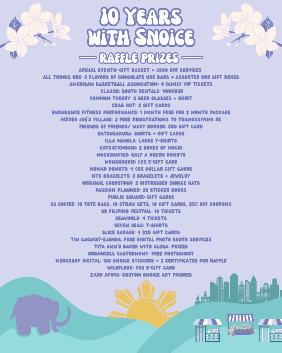 SnoiceSD's tweet photo. at our anniversary, we have tons of prizes available for you to win 🎉 check out all the prizes that will be available in the raffle!

make sure to RSVP for a FREE raffle ticket or purchase more tickets through our Givebutter link! we can't wait to see you this saturday! https://t.co/6u9SbWXtH1