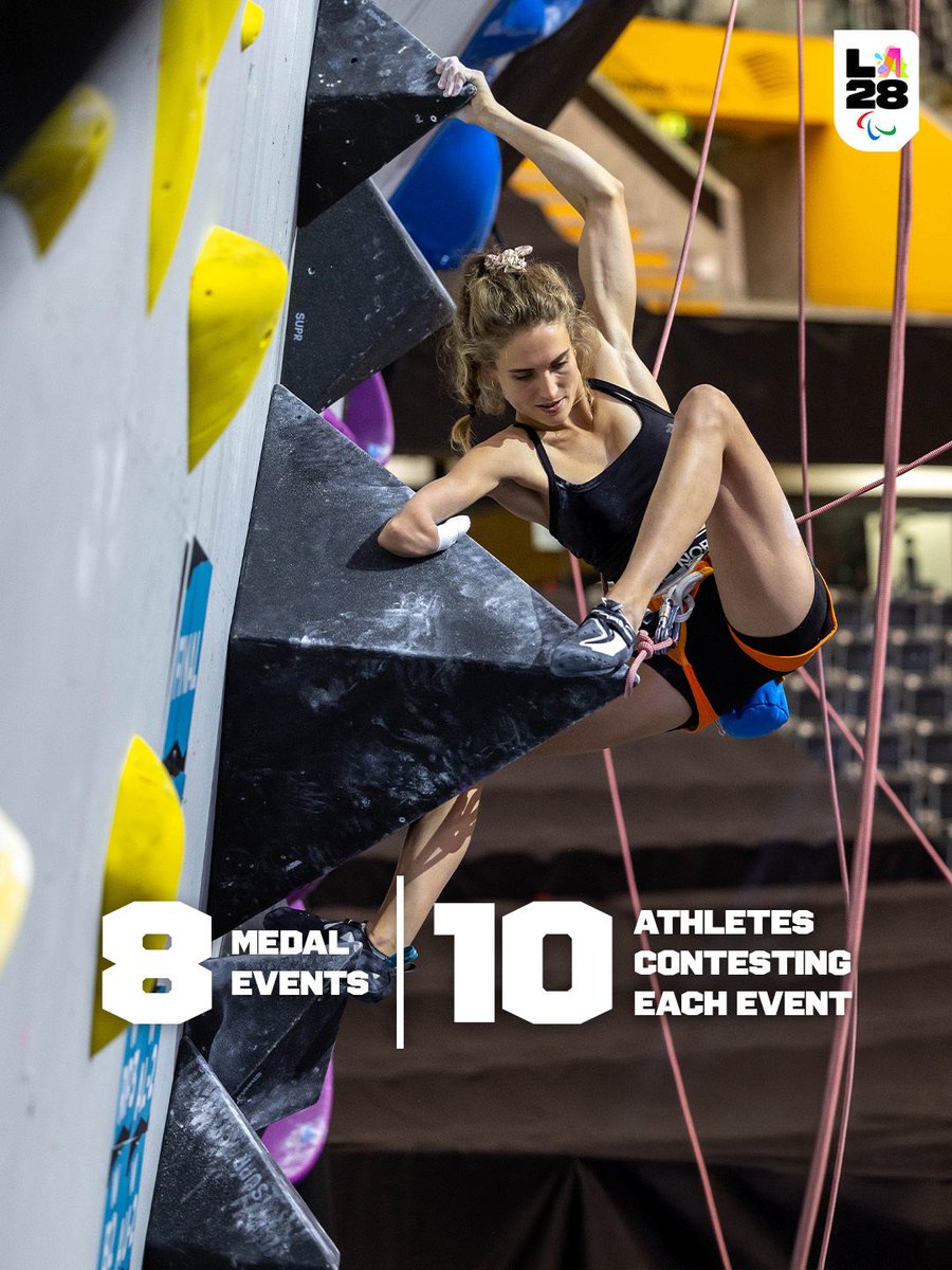 LA28's tweet image. News that ROCKS 🪨🦾

At LA28, Para Climbing will make its long-awaited Paralympic debut, featuring eight medal events—four women’s and four men’s—with 10 athletes set to compete in each.

For more information about the full Paralympic Sport Program, head to…