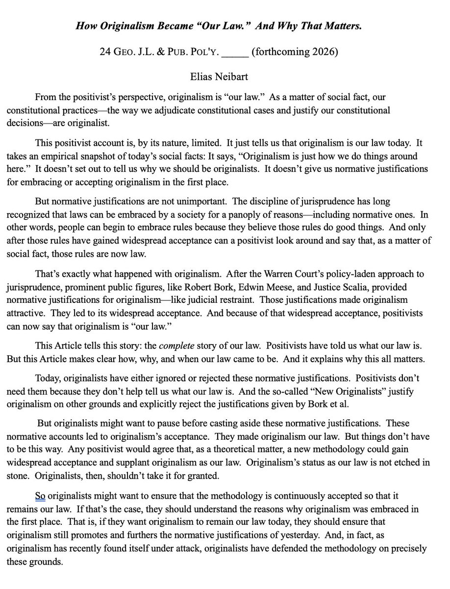 More news! Excited to announce that How Originalism Became "Our Law." And Why That Matters. is forthcoming in the <a href="/GeorgetownJLPP/">Georgetown Journal of Law & Public Policy</a>! Here it is: papers.ssrn.com/sol3/papers.cf…

From the positivist’s perspective, originalism is “our law.”  But how did "our law" come to be?  I argue that