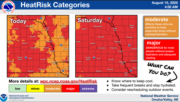 The <a href="/NWS/">National Weather Service</a>  has issued a Heat Advisory for Today and Tomorrow (August 15th and 16th). The heat risk has escalated to “Major”, meaning conditions are dangerous for most people without adequate hydration and protection from the elements.