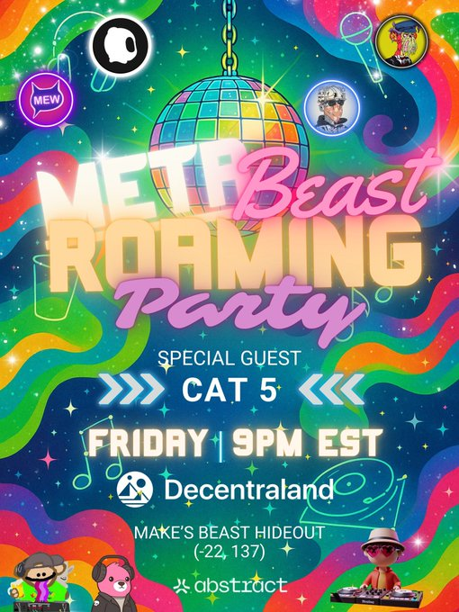 category5music's tweet photo. Its going down TONIGHT in @decentraland 

@MAKEANFT hits the decks at the Beast Hideout at 9pm EST, and then I will take over for a never-ending dance party

Wearable giveaways, @Nyolings giveaways, and guaranteed metaversal fun! 

Will be simulcast here on X and abstract! https://t.co/KFGfsDfUNl