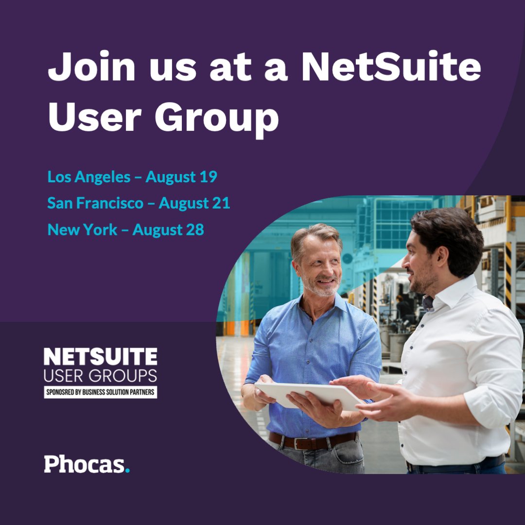 Phocas is heading to NetSuite User Group events in LA, San Francisco &amp; NYC this month! 🌴🗽🌉 If you’re going, let’s talk data &amp; growth.
Register 👉 phoc.as/414dFLZ
More on Phocas + NetSuite 👇 
phoc.as/3HbgofV

#NetSuiteUserGroup #ERP #PhocasSoftware