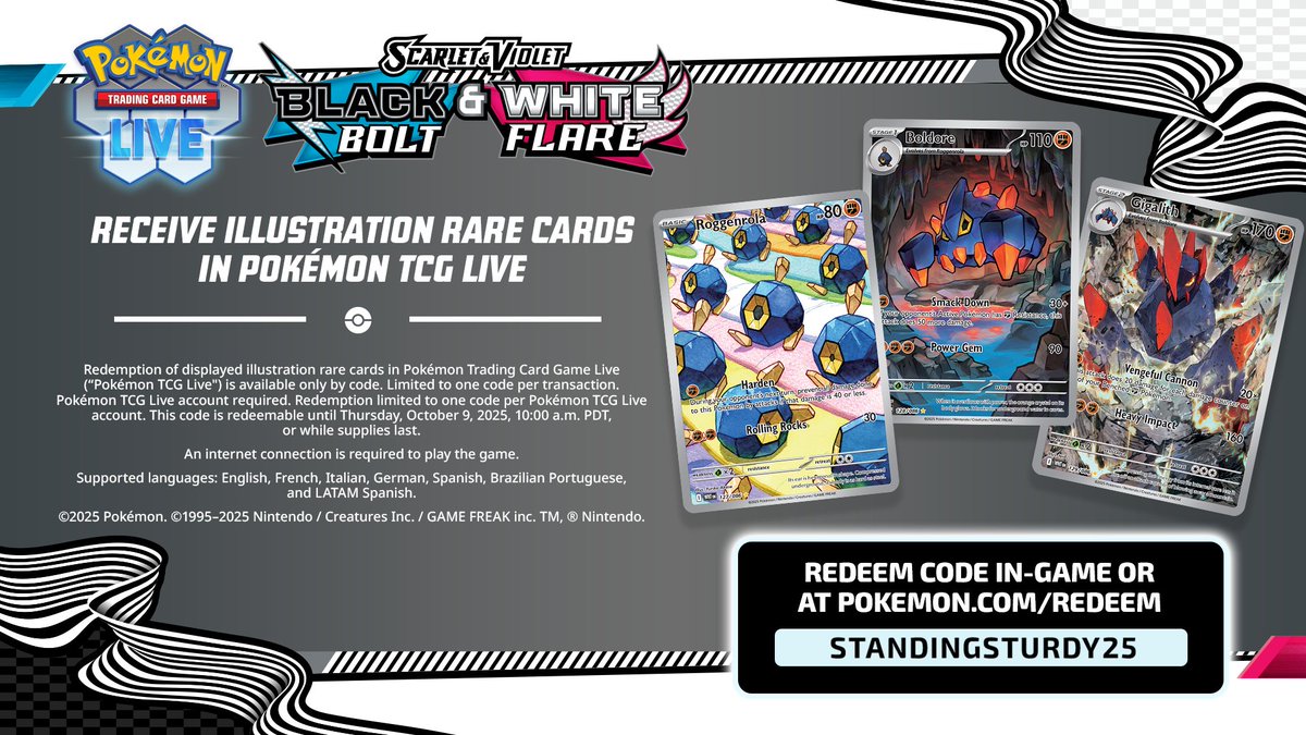 Fight hard and stand strong with this Sturdy evolutionary line 🪨

Code: STANDINGSTURDY25

Redeem the passcode in Pokémon TCG Live for illustration rare cards featuring Roggenrola, Boldore, and Gigalith!