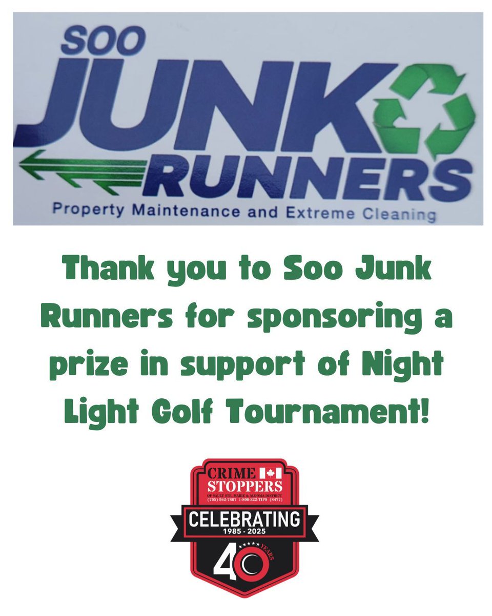 Thank You, Soo Junk Runners! ♻️ 

We are incredibly grateful to Soo Junk Runners for their generous prize donation to our Night Light Golf Tournament! 🌙✨

#NightLightGolf #CrimeStoppersSault #CommunitySupport #ThankYou