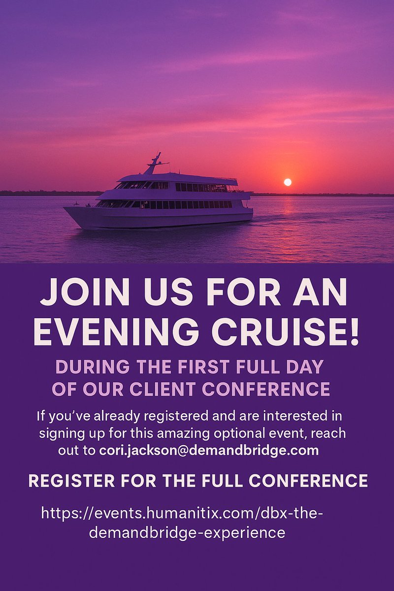 demandbridge's tweet photo. 🌅 Set sail at DBX 2025! 🚢
After Day 1 of the DemandBridge client conference, join us Oct 14 for the Yacht StarShip Dinner Cruise—dinner, drinks &amp; stunning Clearwater sunsets 🌊✨ $200 pp.
Already registered? Email cori.jackson@demandbridge.com
🔗Register https://t.co/TZ9R53v54N https://t.co/TF7v7ygDWb