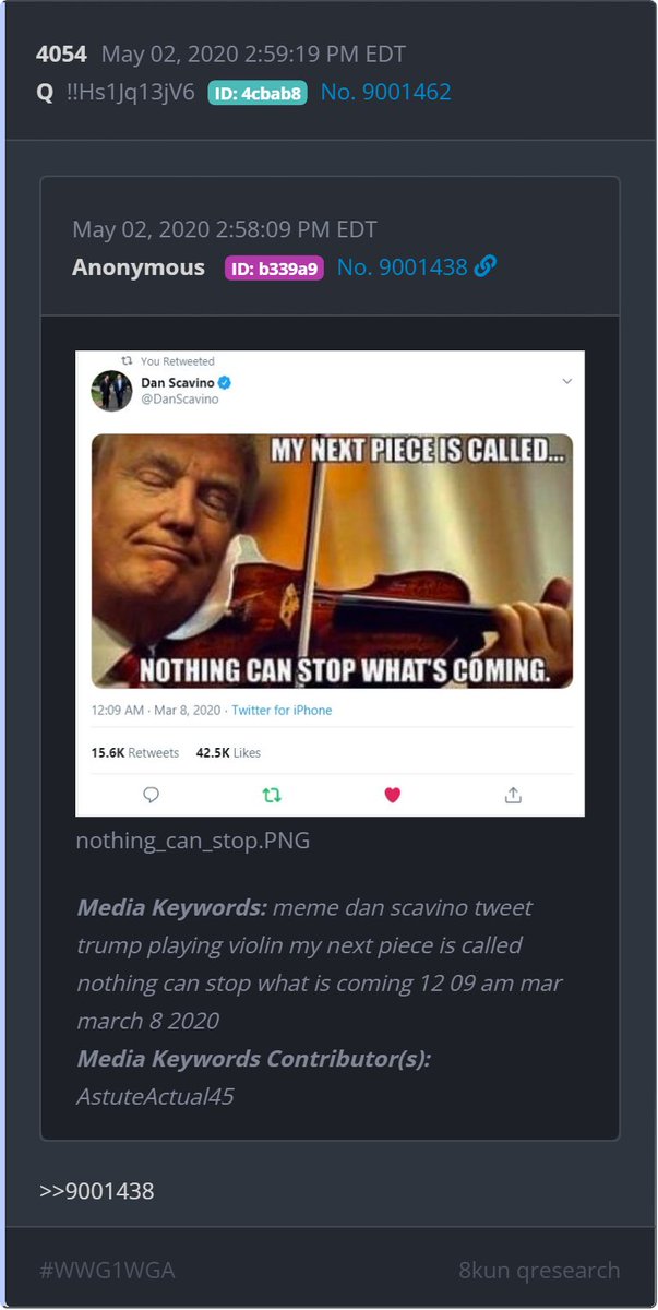 𝘿𝘾 𝙇𝙞𝙙𝙨𝙩𝙤𝙣𝙚 (@dclidstone) on Twitter photo <a href="/Scavino47/">Dan Scavino</a> 2 Drops w/ MATCHING timestamp of 14:59 that seem pretty relevant.
HUNTERS BECOME THE HUNTED.
NCSWIC. <a href="/Scavino47/">Dan Scavino</a> 2 Drops w/ MATCHING timestamp of 14:59 that seem pretty relevant.
HUNTERS BECOME THE HUNTED.
NCSWIC.