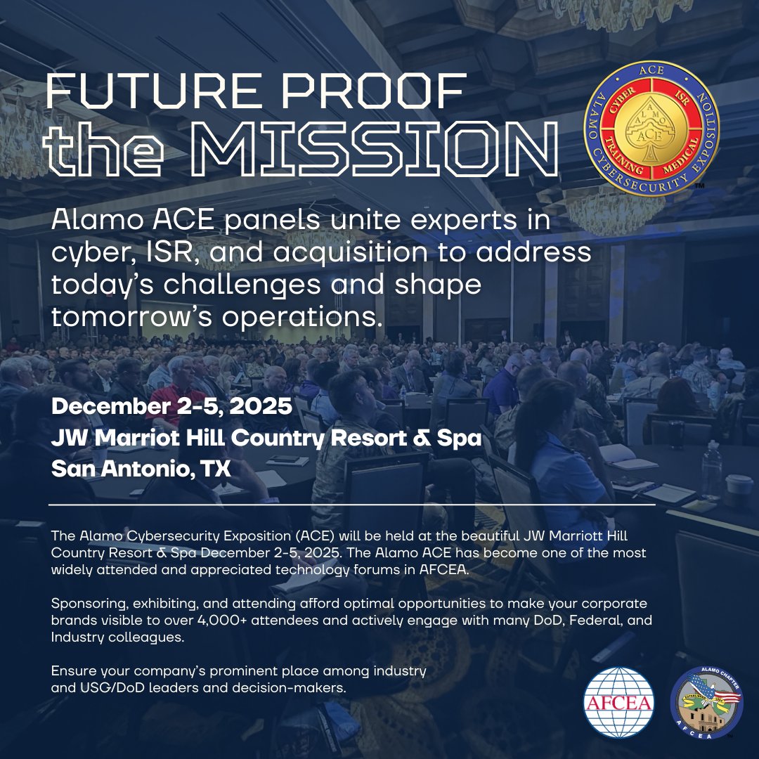 Big conversations. Bigger impact. Panels at #AlamoACE2025 tackle Cyber, ISR, Acquisition &amp; more. Dec 2–5 at the JW Marriot Hill Country Resort &amp; Spa in SATX.

Sponsorships still available but not for long: alamoafcea.org/mpage/2025home