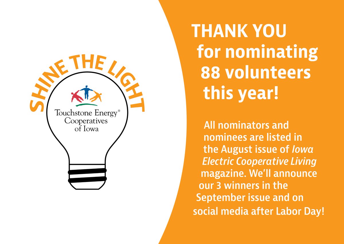 We received 88 nominations of community volunteers during the month of June for our 5th annual Shine the Light contest in June! Take a look at who was nominated within your electric co-op service area: ieclmagazine.com/featured-artic… 3 winners will be announced after Labor Day!