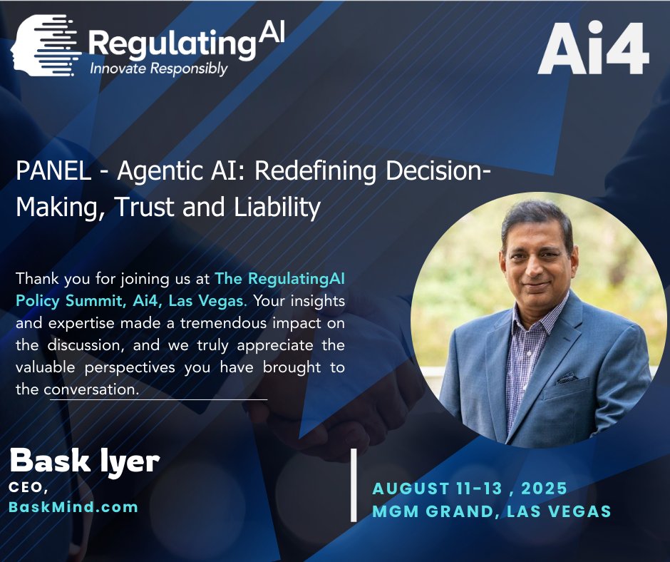 RegulatingAI's tweet photo. From policy to progress — your presence made it possible. 🙌 Thank you for joining us in Las Vegas! 💡 #AI #TechCommunity #MachineLearning #Ai4 #RegulatingAI https://t.co/Wq5Cb4bju6