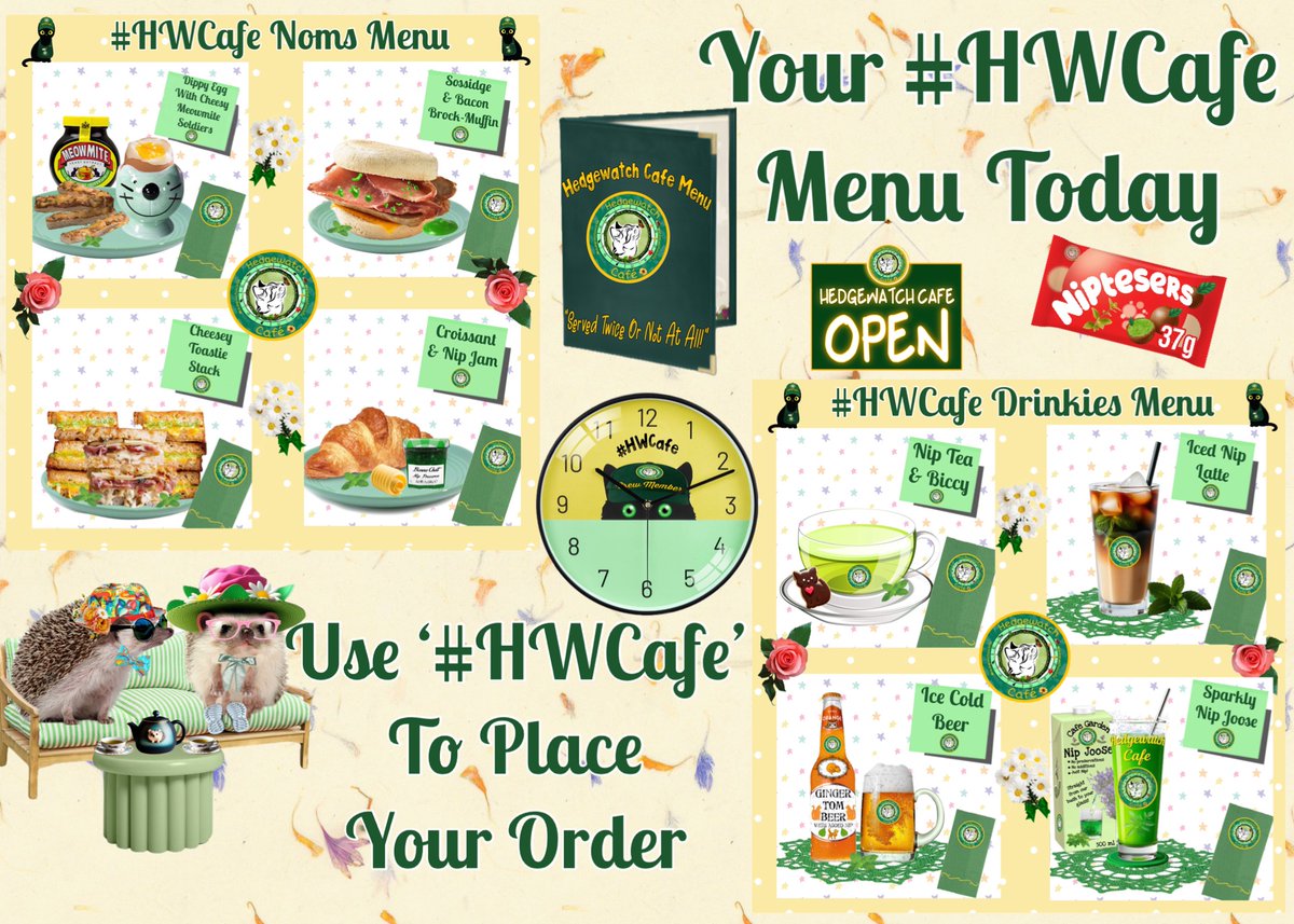 The #HWCafe is now open! Our team of Purristas and Emergency Paws (for when it‘s busy) are here to serve you from our delicious menu ⬇️ Place your order by replying to this and using  #HWCafe to help us see you. X will try to hide some orders &amp; our replies, but we keep trying!🍽️