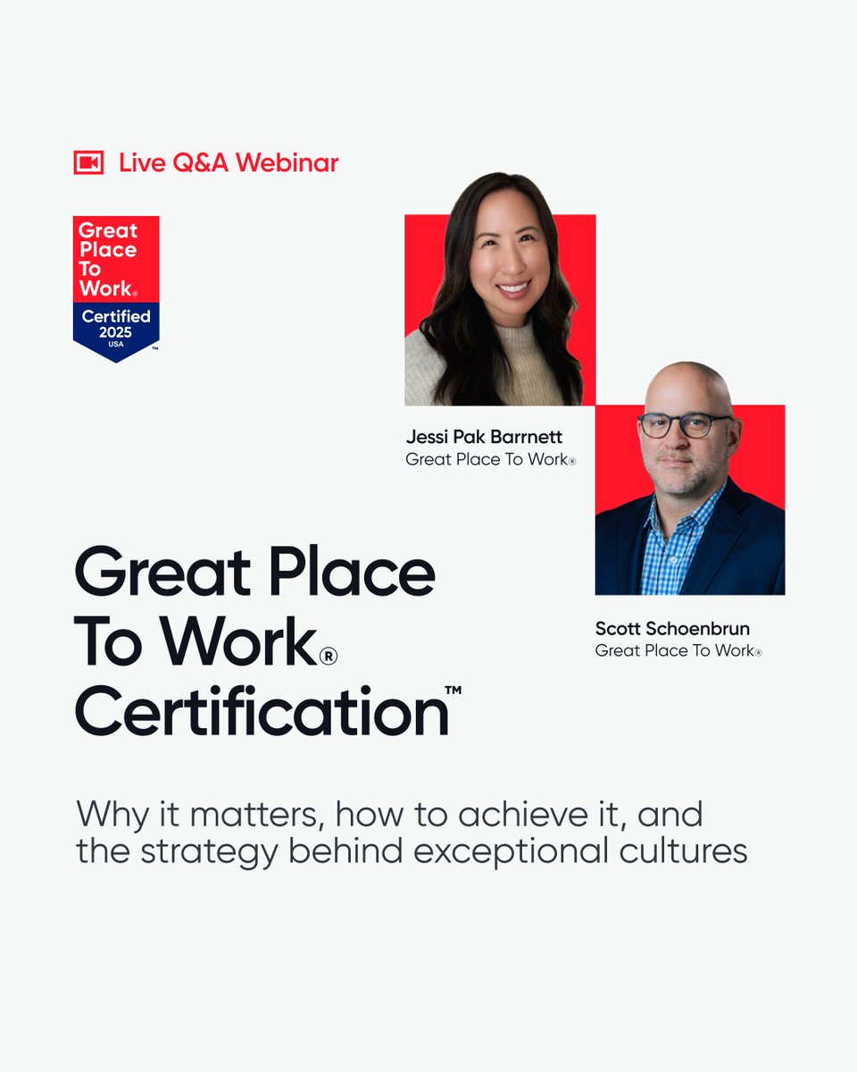 GPTW_US's tweet photo. Is your workplace really set up to stand out? We’re hosting a 30-minute live Q&amp;A to show how Great Place To Work® Certification™ can help your team build trust, boost engagement, and more!

👉Save your spot:
 https://t.co/Gn8jHoLx1s

#GreatPlaceToWork #LeadershipWebinar https://t.co/ZD9ANsXb6t