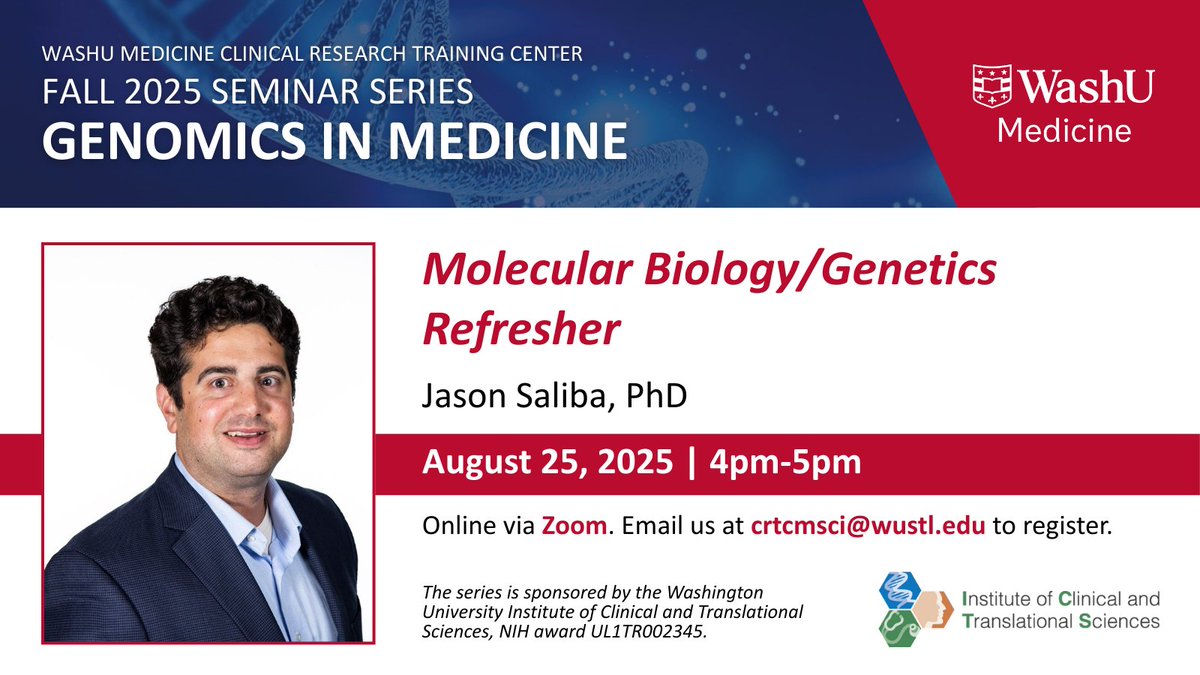 WashU Medicine Clinical Research Training Center (@washumedcrtc) on Twitter photo Just a few days until the Genomics in Medicine series begins! Next Monday, Jason Saliba, PhD, will lead a refresher on Molecular Biology and Genetics.
There’s still time to register for academic credit — email crtcmsci@wustl.edu. Learn more: bit.ly/45vav53 Just a few days until the Genomics in Medicine series begins! Next Monday, Jason Saliba, PhD, will lead a refresher on Molecular Biology and Genetics.
There’s still time to register for academic credit — email crtcmsci@wustl.edu. Learn more: bit.ly/45vav53