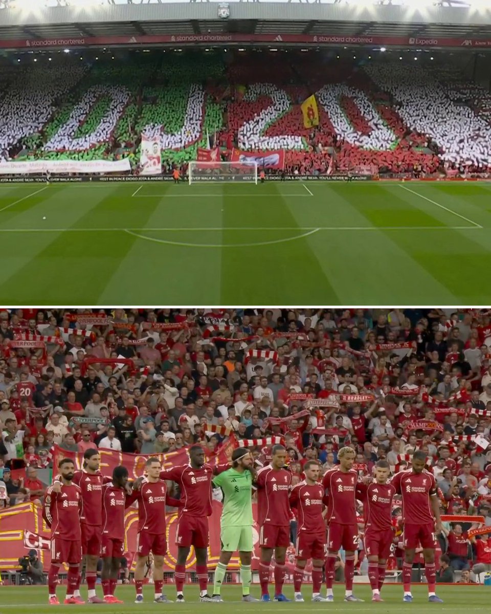 Mercado_Ingles's tweet photo. El homenaje del Liverpool a Diogo Jota antes de su primer partido de la temporada en la Premier League ❤️💚 https://t.co/mk6LUsLYH7