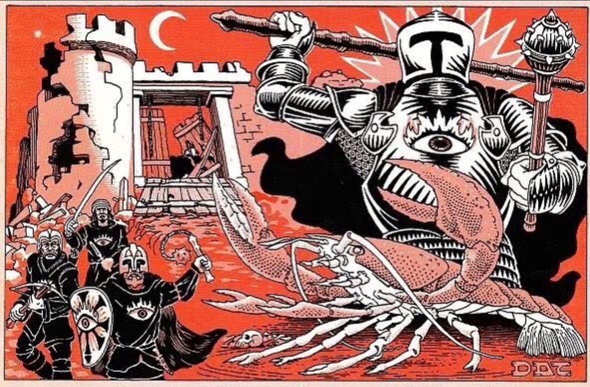 BugbearBrothers's tweet photo. The art would go on to Grace the cover of T1, the Village of Hommlet, by Dave Trampier, one of the more interesting characters in the history of D&D. To many     gamers, Tramp is synonymous with Dungeons and Dragons. His gritty style has influenced everyone that came after him, and has seen a huge renaissance in a lot of projects not from WOTC. It’s quite interesting to see how the art of official releases tends to reflect the cultural zeitgeist of the time