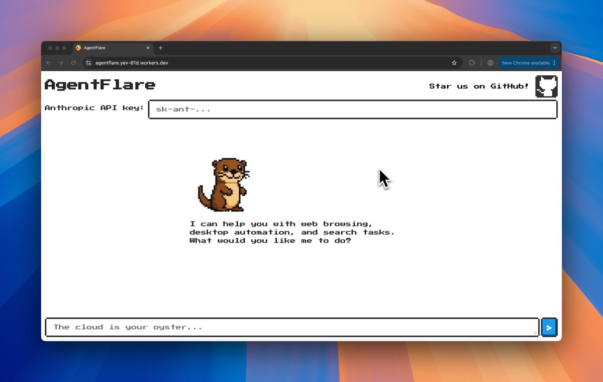 We've been cooking in quiet for a bit. We think ChatGPT Agent could be more accessible to developers, and we've recreated "ChatGPT Agent" on Cloudflare Containers

Check out AgentFlare
- Remotely control a Linux computer
- Automate browser actions
- Search the web
- Uses Claude's