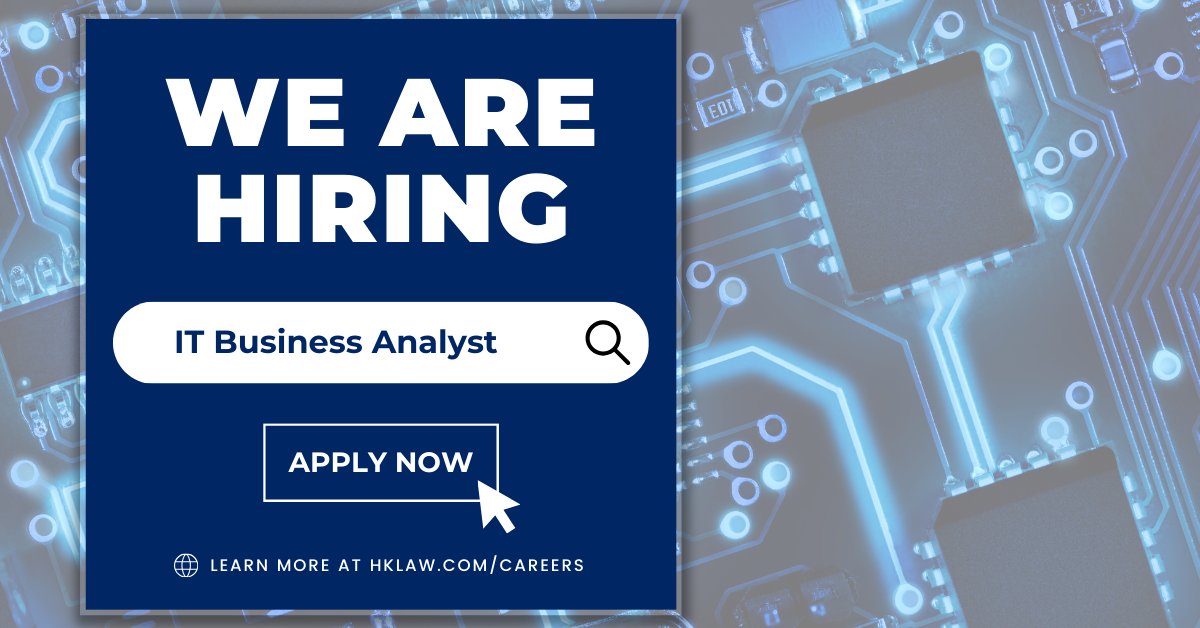 Holland_Knight's tweet image. We’re hiring an #IT #BusinessAnalyst to work with #technology teams, stakeholders, end users and leadership to evaluate and design both technical and non-technical solutions. In this role, you’ll support testing, training, change management and other key activities to ensure