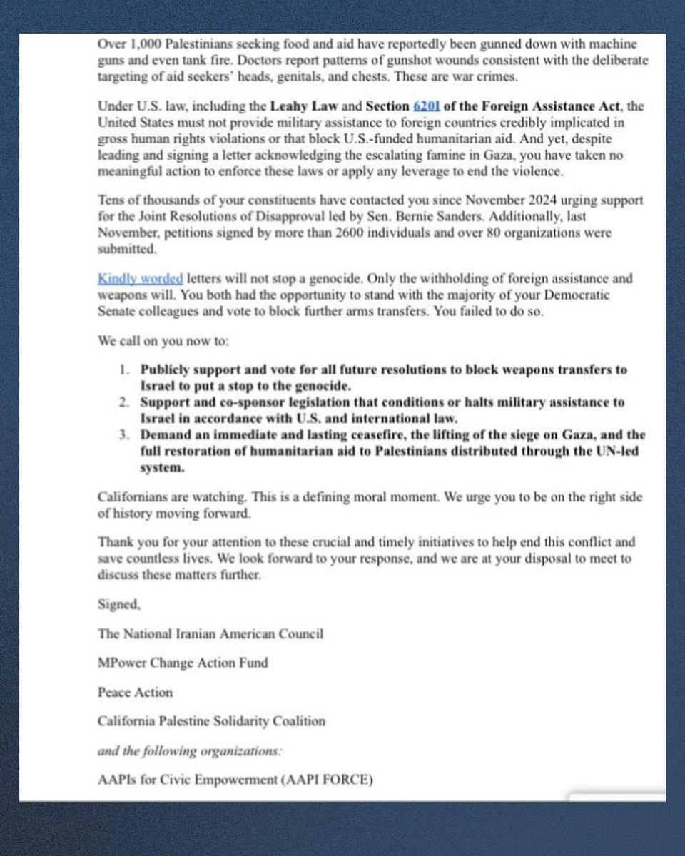 NIAC (@niacouncil) on Twitter photo NIAC’s California chapter led more than 120 organizations of national, CA state, & local backgrounds — including <a href="/PeaceAction/">Peace Action - #BlocktheBombs</a>, <a href="/MPower_Change/">MPower Change</a>, <a href="/docstopgenocide/">Doctors Against Genocide</a>, <a href="/JvpAction/">Jewish Voice for Peace Action</a>, <a href="/AROCBayArea/">AROC #FreePalestine</a> — in letters to California Senators <a href="/SenAdamSchiff/">Adam Schiff</a> and <a href="/SenAlexPadilla/">Senator Alex Padilla</a> expressing deep NIAC’s California chapter led more than 120 organizations of national, CA state, & local backgrounds — including <a href="/PeaceAction/">Peace Action - #BlocktheBombs</a>, <a href="/MPower_Change/">MPower Change</a>, <a href="/docstopgenocide/">Doctors Against Genocide</a>, <a href="/JvpAction/">Jewish Voice for Peace Action</a>, <a href="/AROCBayArea/">AROC #FreePalestine</a> — in letters to California Senators <a href="/SenAdamSchiff/">Adam Schiff</a> and <a href="/SenAlexPadilla/">Senator Alex Padilla</a> expressing deep