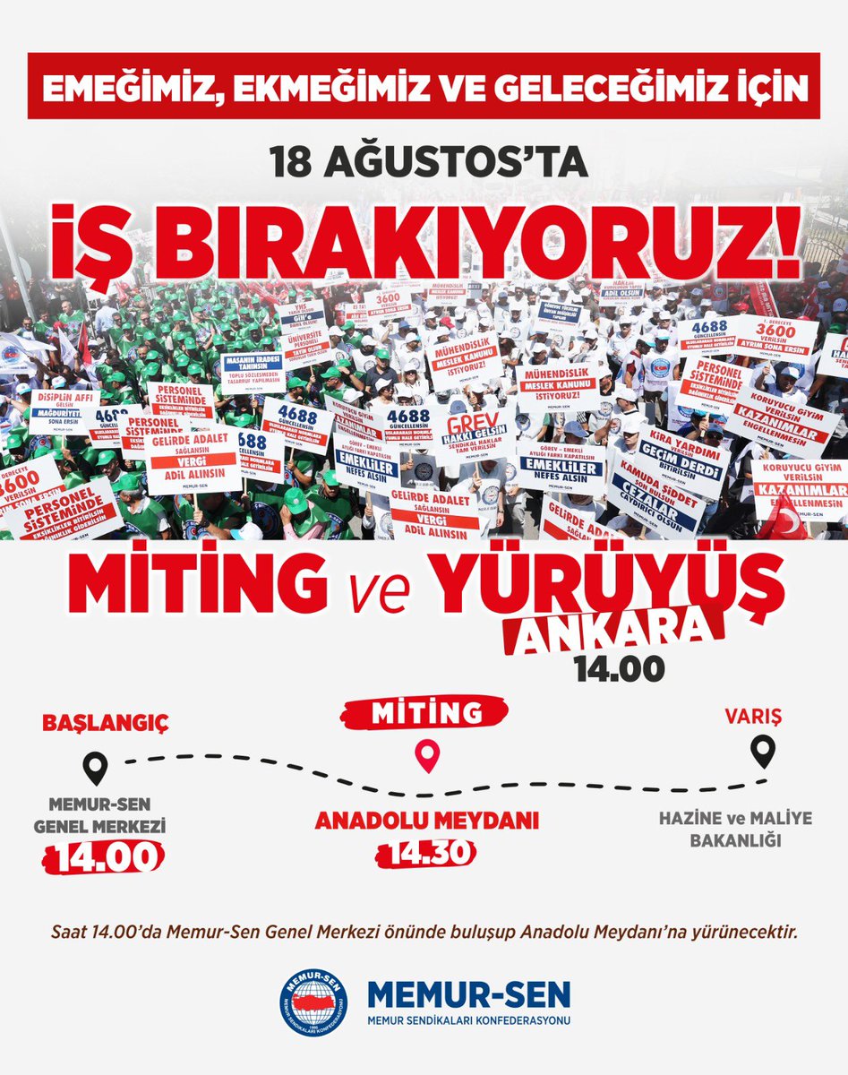 EMEĞİMİZ, EKMEĞİMİZ, GELECEĞİMİZ İÇİN 18 AĞUSTOS 2025 PAZARTESİ GÜNÜ İŞ BIRAKIYOR,
ANKARA MİTİNGİNDE BULUŞUYOR,
MALİYE VE HAZİNE BAKANLIĞI'NA YÜRÜYORUZ.

📍Ankara
🗓️ 18 Ağustos 2025 Pazartesi 
⏰ 14.30/Miting
#TeklifYenilensin