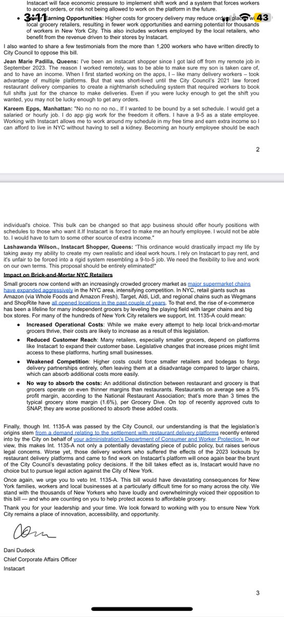 Amir Khafagy (@amirkhafagy91) on Twitter photo <a href="/Documentedny/">Documented</a> Exclusive 🚨
Last month, Dani Dudeck, Chief Corporate Affairs Officer at Instacart, sent a letter to the <a href="/NYCMayor/">Mayor Eric Adams</a>, urging him to veto a bill the mayor once supported that would have increased wages for grocery delivery workers
Read it for yourself <a href="/Documentedny/">Documented</a> Exclusive 🚨
Last month, Dani Dudeck, Chief Corporate Affairs Officer at Instacart, sent a letter to the <a href="/NYCMayor/">Mayor Eric Adams</a>, urging him to veto a bill the mayor once supported that would have increased wages for grocery delivery workers
Read it for yourself