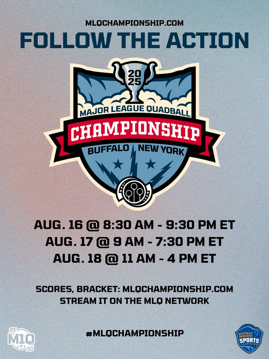 Tune in to the 2025 #MLQChampionship this weekend in Buffalo, N.Y.

🎟️ mlqchampionship.com
📺 youtube.com/@mlquadball
📆 mlqchampionship.com/schedule
🏆  Bracket and scores (updated after each round): mlqchampionship.com/scores, mlqchampionship.com/bracket

#M1Q