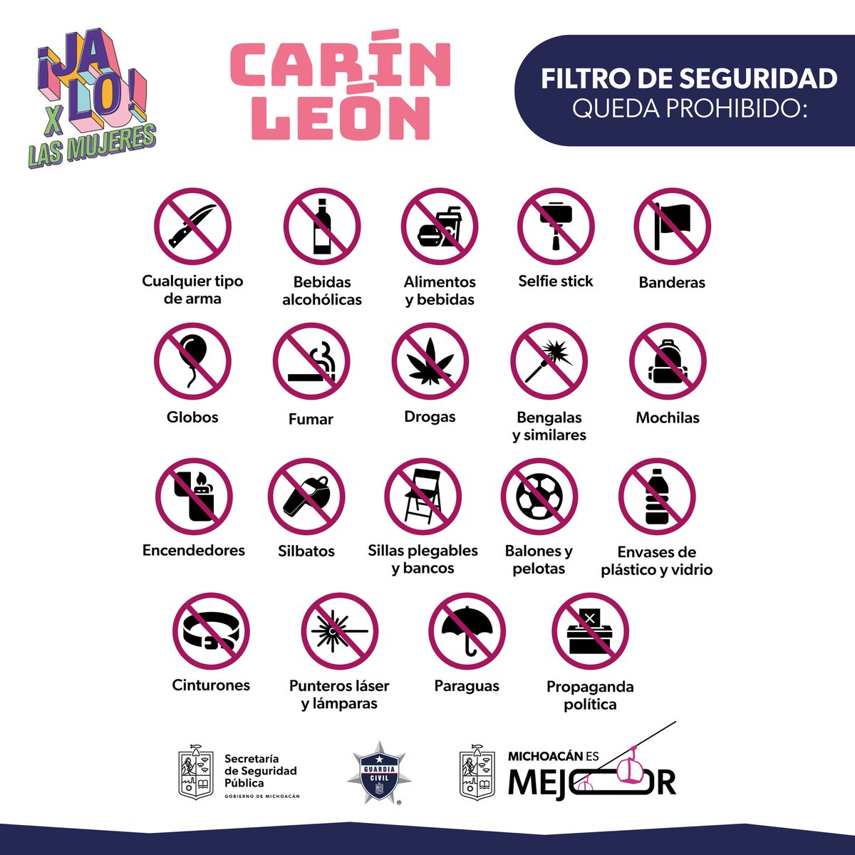 ⚠️ Checa con qué objetos no podrás ingresar al concierto de Carín León.

Los filtros de revisión tienen el objetivo de garantizar un ambiente seguro y ordenado. 

Los estacionamientos se abrirán a las 15:00 h y los accesos al estadio a las 16:00 h, para iniciar a las 21:00 h.